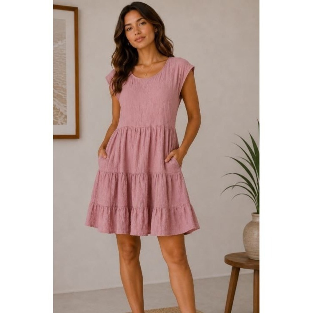 Pink Tiered Mini Dress Sz. M Crepe Boho Pockets Cottage Gauze Flowy Beachy Trave - Picture 1 of 10